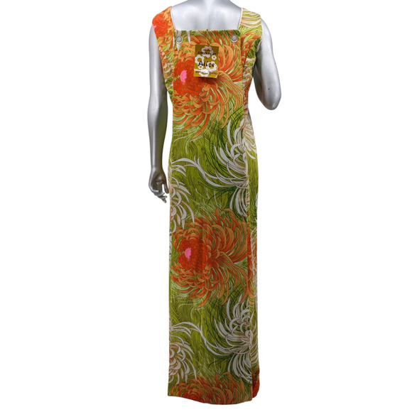 Vintage 60s NWT ALICE of CALIFORNIA Hawaiian Tiki Floral Maxi Dress Button Train - Picture 7 of 12